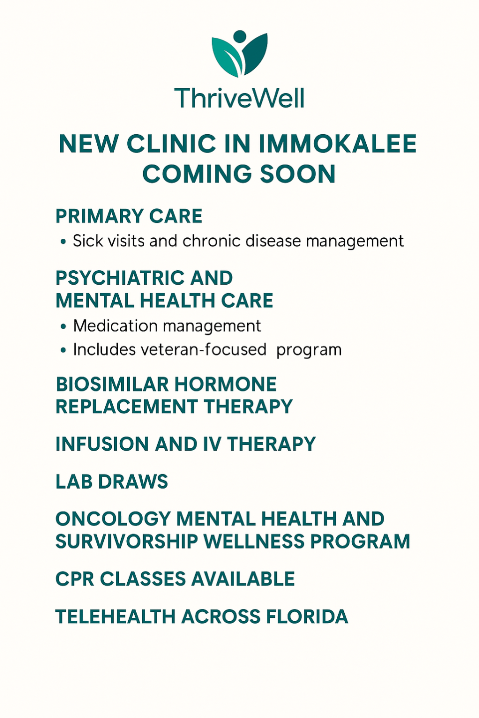 Excited to share an overview of the services we offer at ThriveWell Medical Center. Our goal is to bring accessible, compassionate, and comprehensive care to the Southwest Florida community and all of Florida through telehealth services. We want to break down the silos and barriers to care.Visit thrivewellmedicalcenter.com or call 239 920 3588.Follow on Facebook: ThriveWell Medical Center